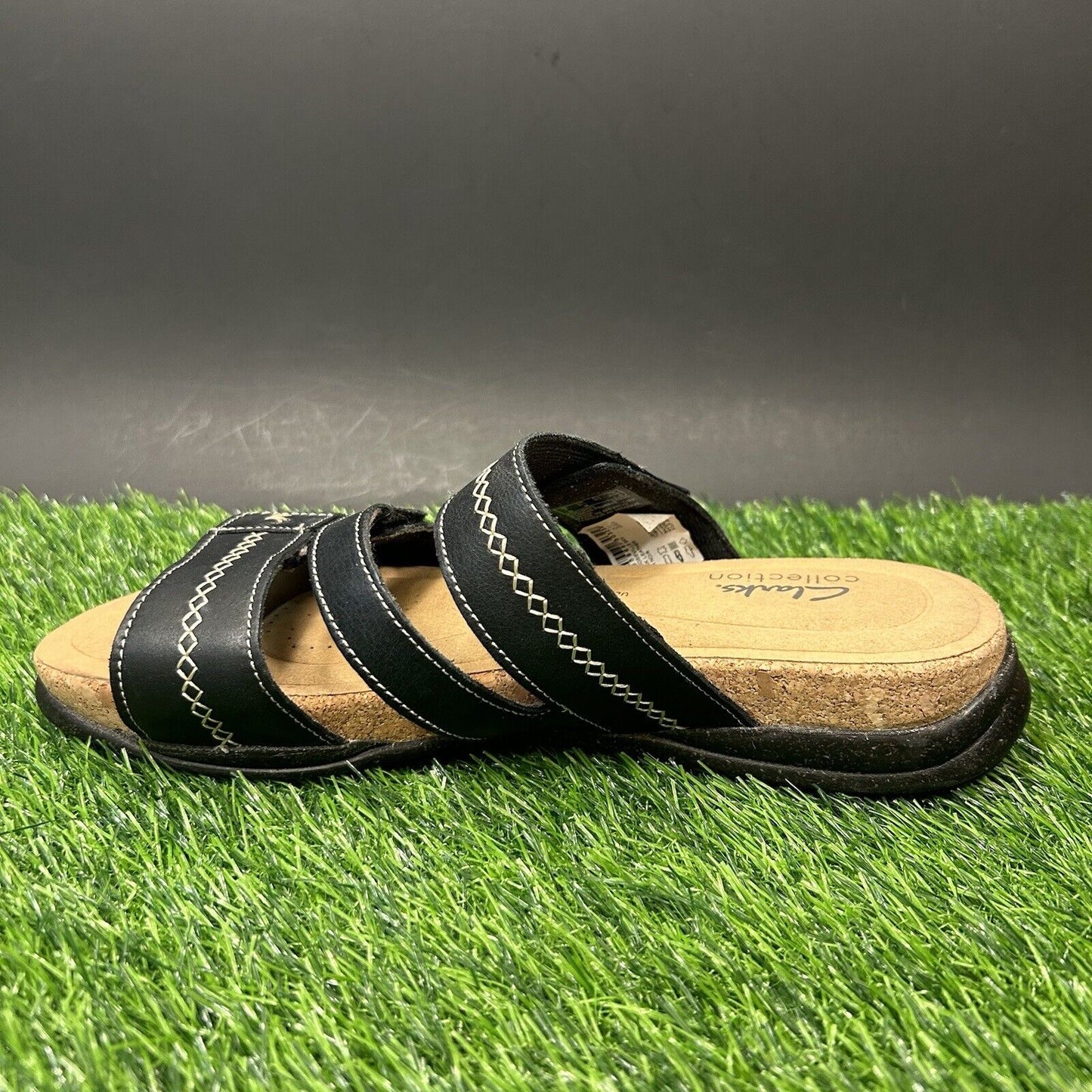 Clarks Roseville Bay Sandals Womens 9.5 M Black Slides Slip On Leather Straps