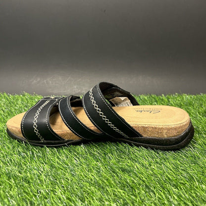 Clarks Roseville Bay Sandals Womens 9.5 M Black Slides Slip On Leather Straps