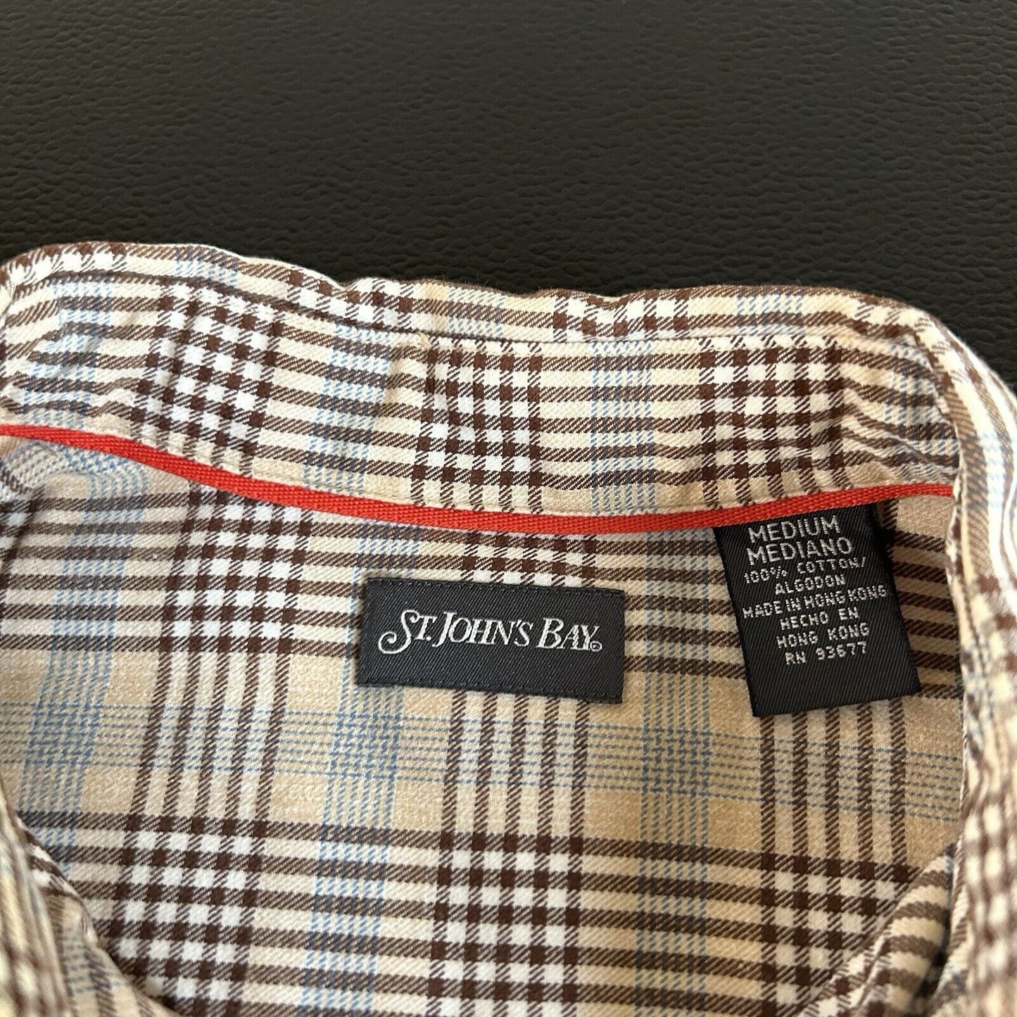 St Johns Bay Shirt Mens Medium Beige Blue Plaid Colorful Button Up Long Sleeve