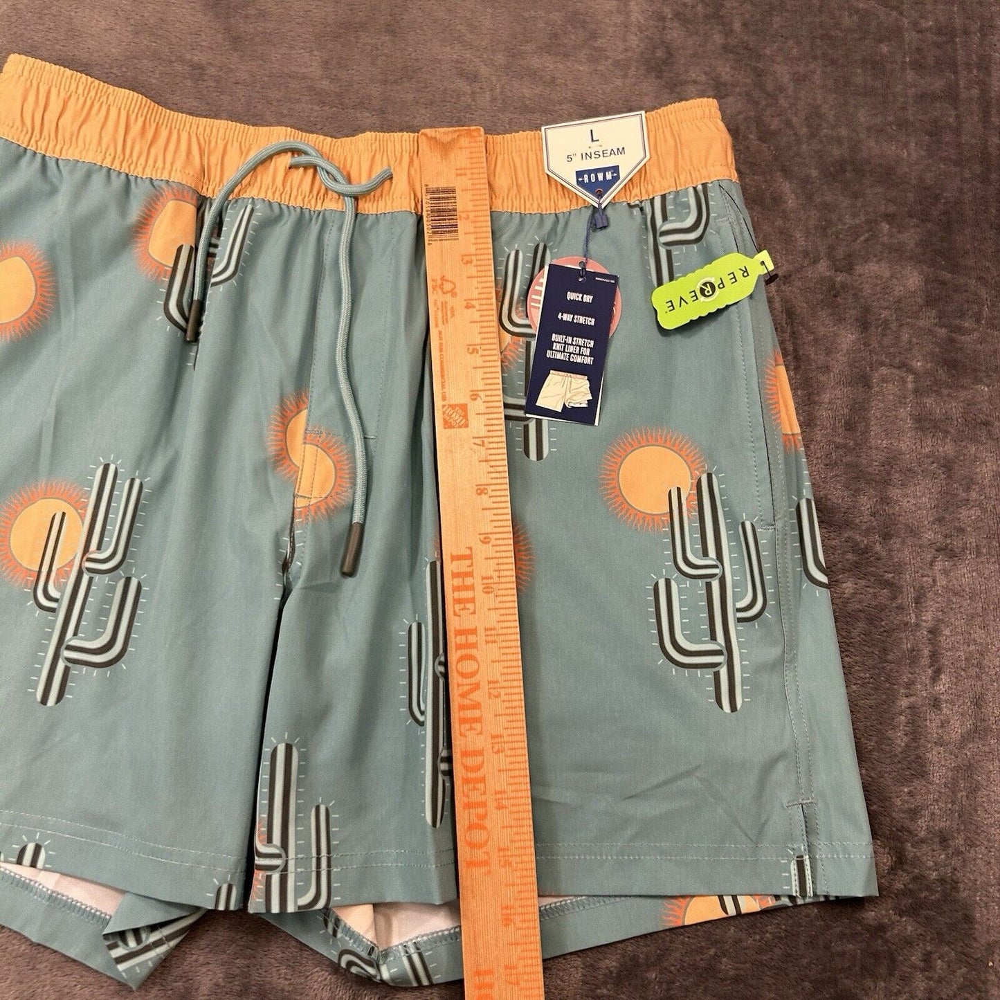 ROWM Swim Shorts Men Large 33" Green Cactus Boardies Quick Dry Drawstring NEW