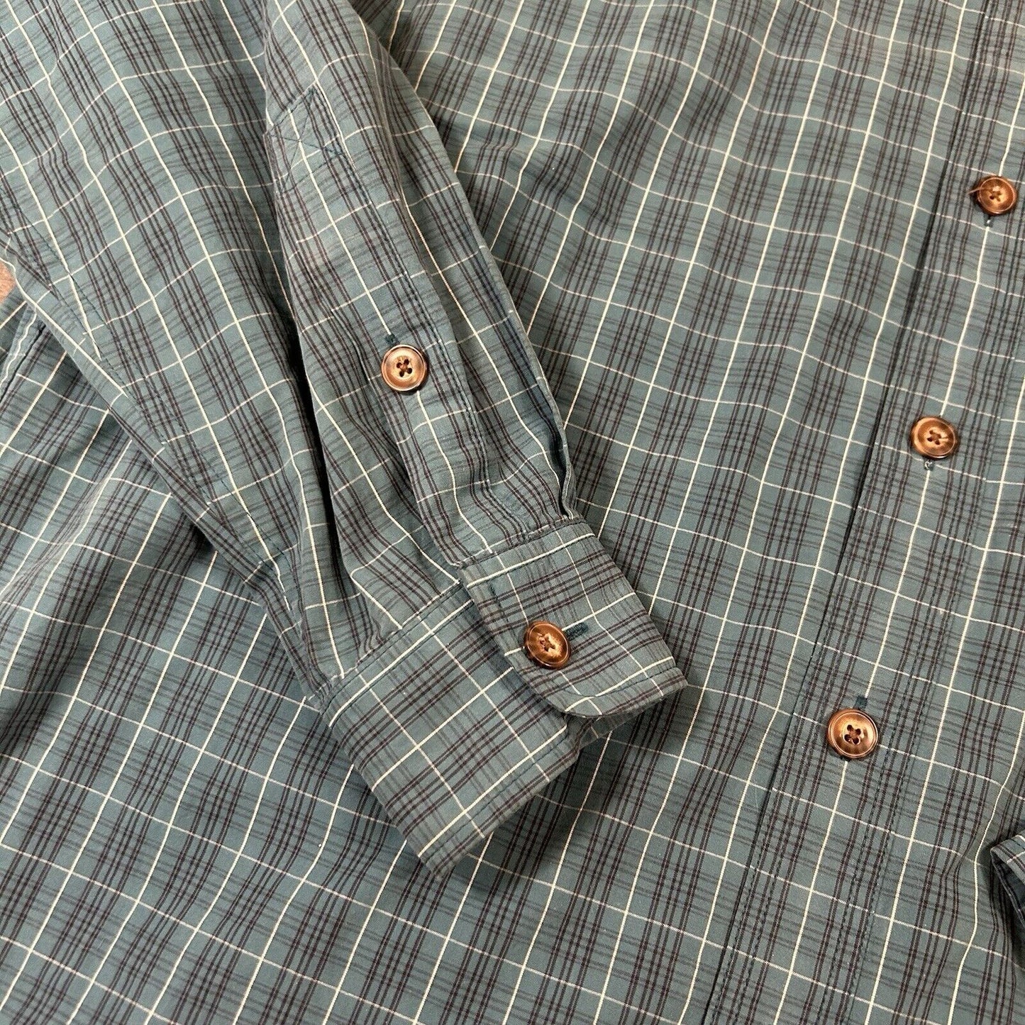 Duluth Trading Shirt Men Large Turquoise Check Preppy Button Up Long Sleeve Work