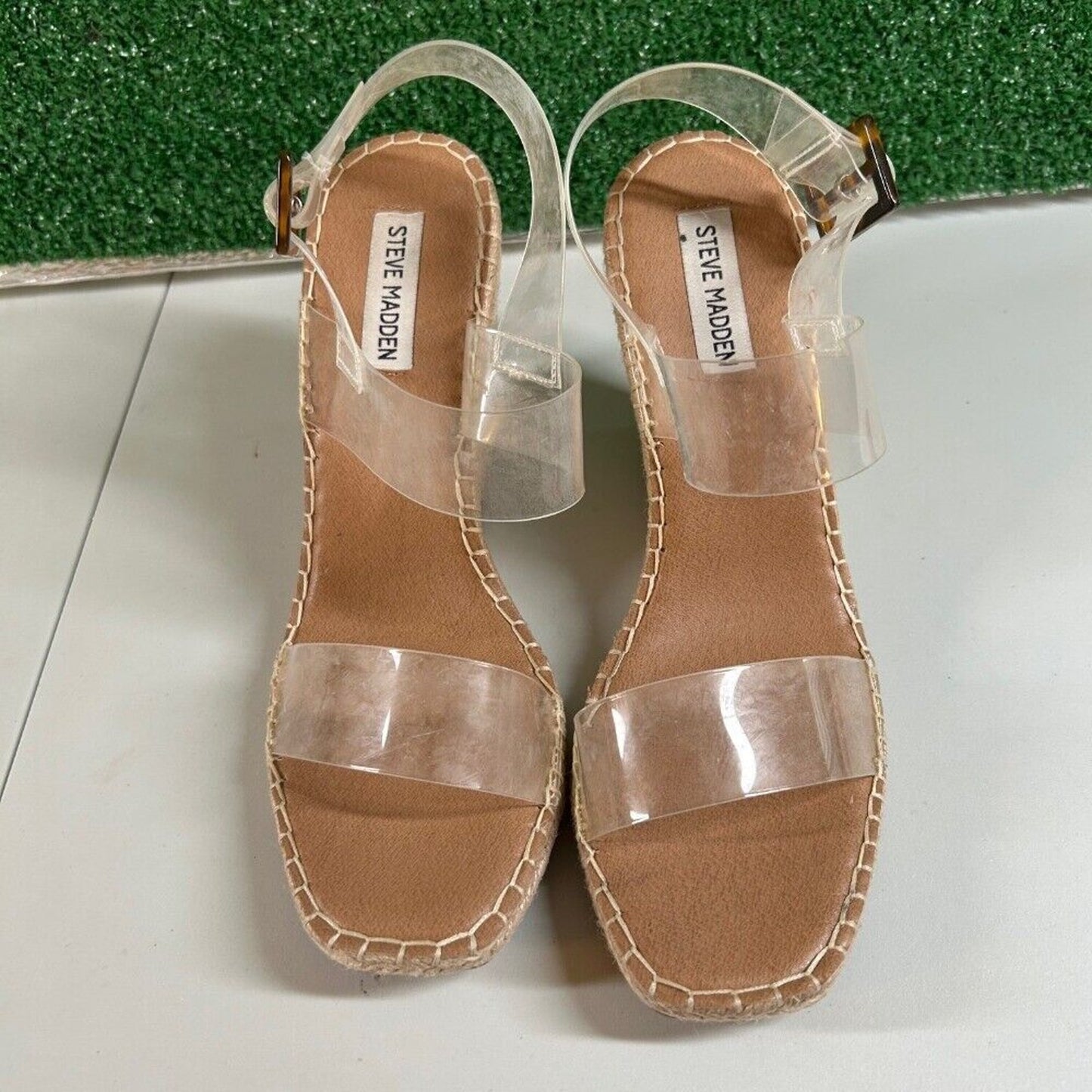 Steve Madden Uri Espadrille Wedge Sandals Clear Straps Buckle Heels Womens 10