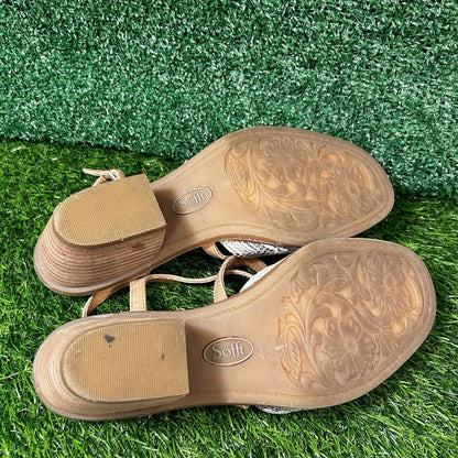 Sofft Piara Sandals Womens 8 M White Brown Leather Snakeskin Ankle Strap Wedge