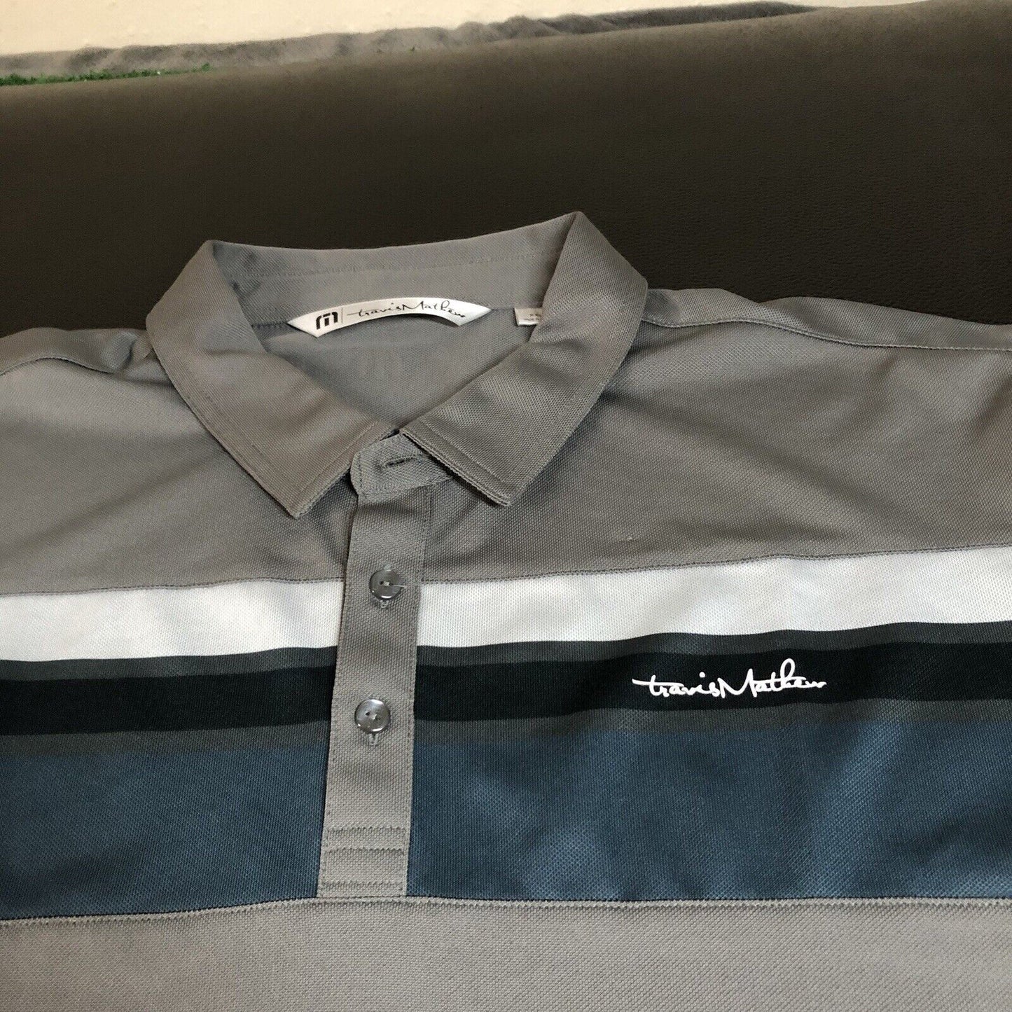 Travis Mathew Polo Shirt Mens XXL 2XL Gray Blue Golf Athletic Short Sleeve