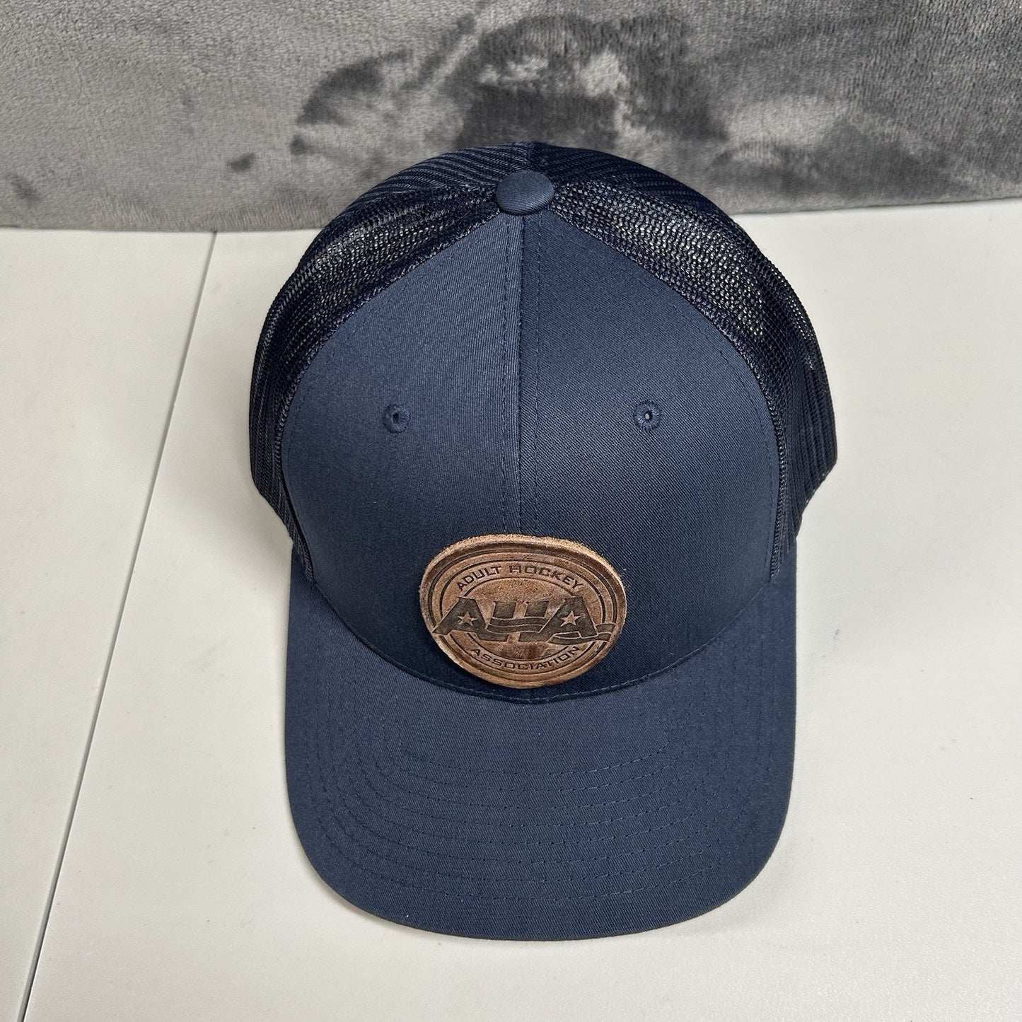 Adult Hockey Association Trucker Hat Cap Men Snapback Navy Leather Patch Yupoong