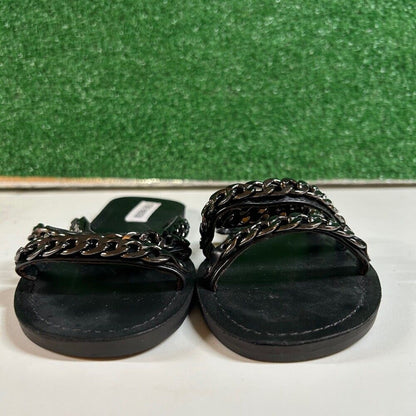 Steve Madden Edged Chain Embellished Slide Sandals Black 3 Strap Womens 7.5