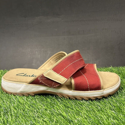 Clarks Sandals Womens 10 M Red White Slides Slip On Strappy Casual Comfort