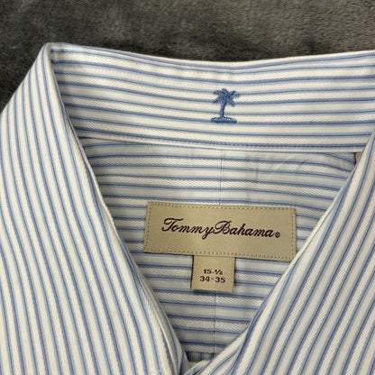 Tommy Bahama Shirt Mens 15.5 34/35 Blue White Striped Button Up Long Sleeve Work