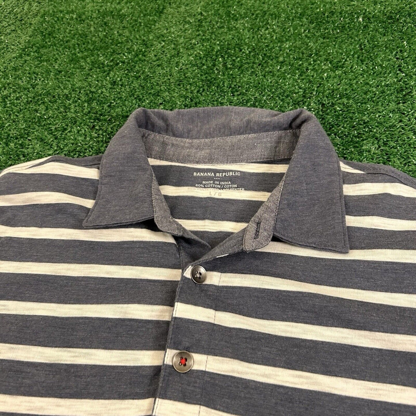 Banana Republic Polo Shirt Mens Large Blue/Gray White Striped Short Sleeve Golf