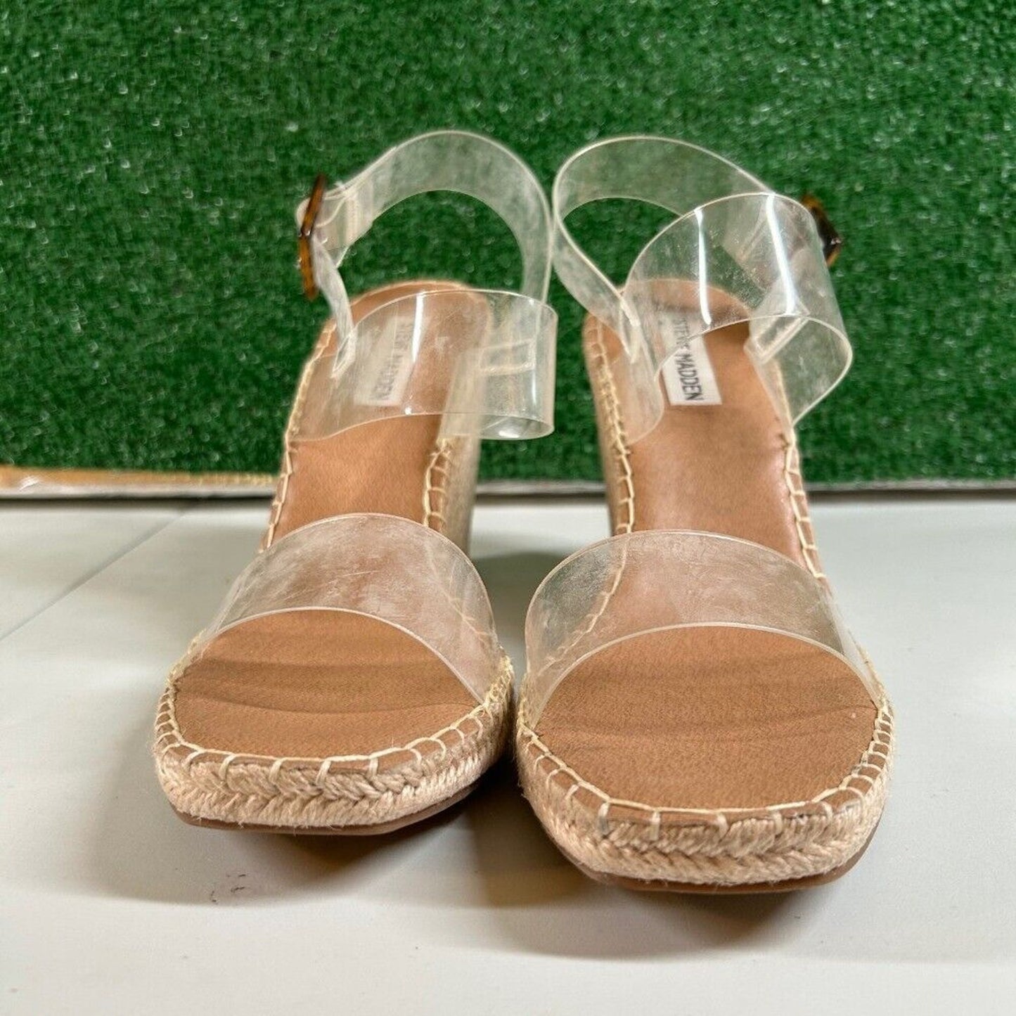 Steve Madden Uri Espadrille Wedge Sandals Clear Straps Buckle Heels Womens 10