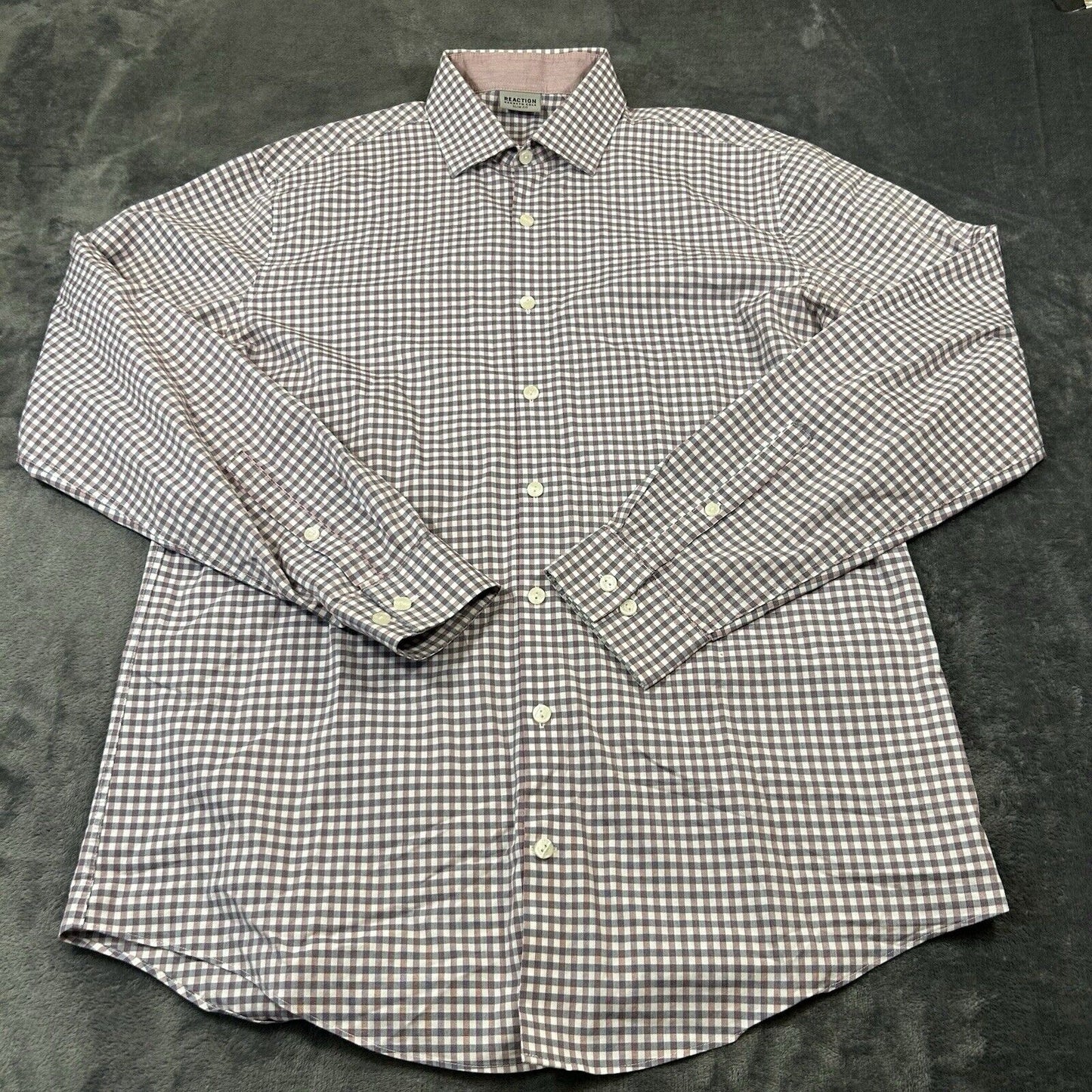 Kenneth Cole Dress Shirt Mens 16 34/35 Purple Blue Check Button Up Slim Fit