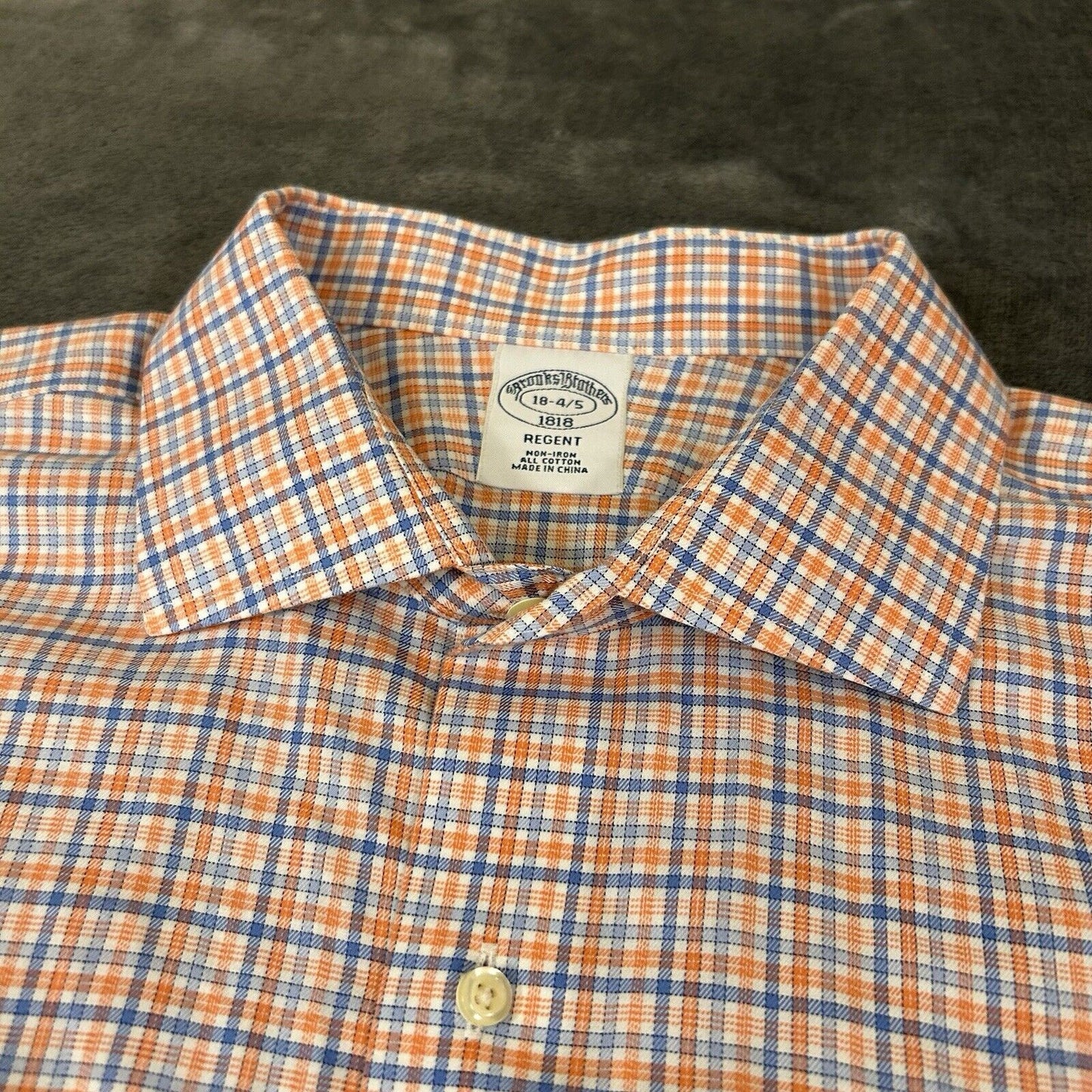 Brooks Brothers Shirt Mens 18 4/5 Orange Blue Check Button Up Long Sleeve Work