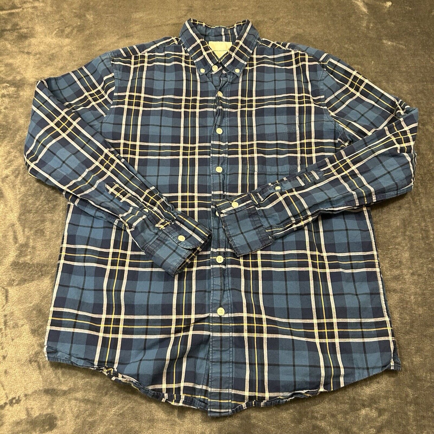 American Eagle Shirt Mens Medium Blue White Plaid Button Up Long Sleeve Outdoor