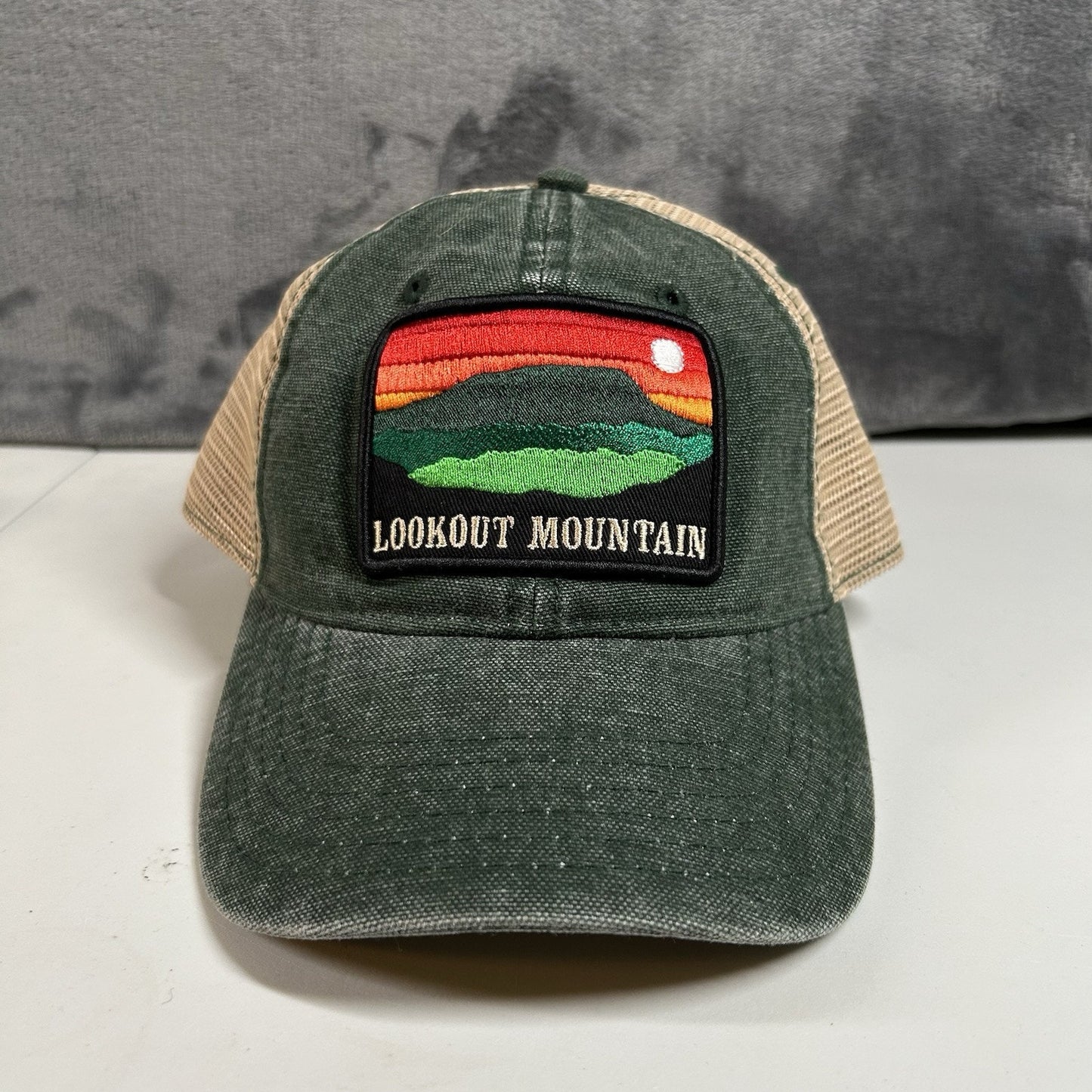 Lookout Mountain Trucker Hat Cap Mens Snapback Green Tan Patch Logo Adjustable