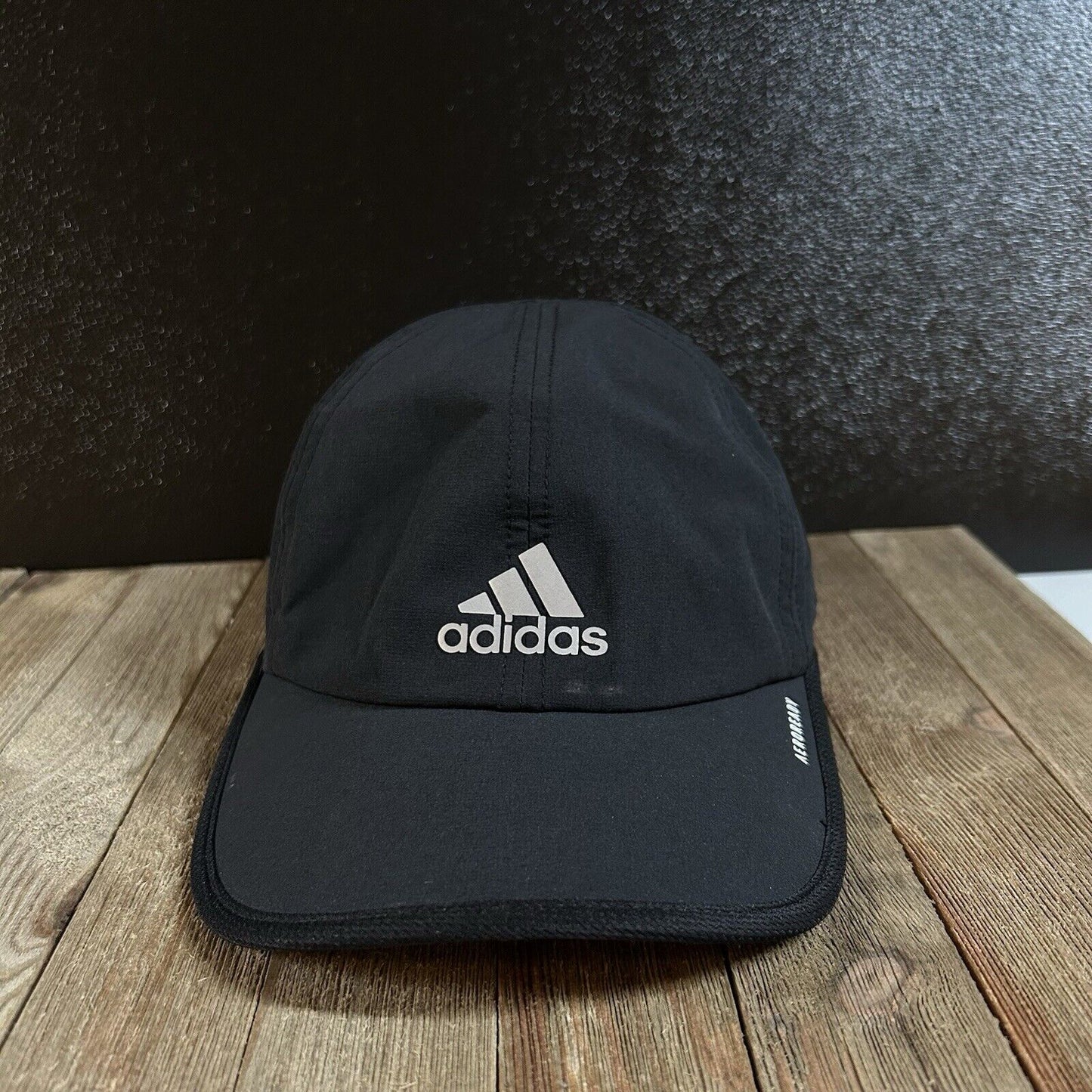 Adidas Running Hat Cap Mens Strapback Black Silver Logo Stretch Lightweight Aero