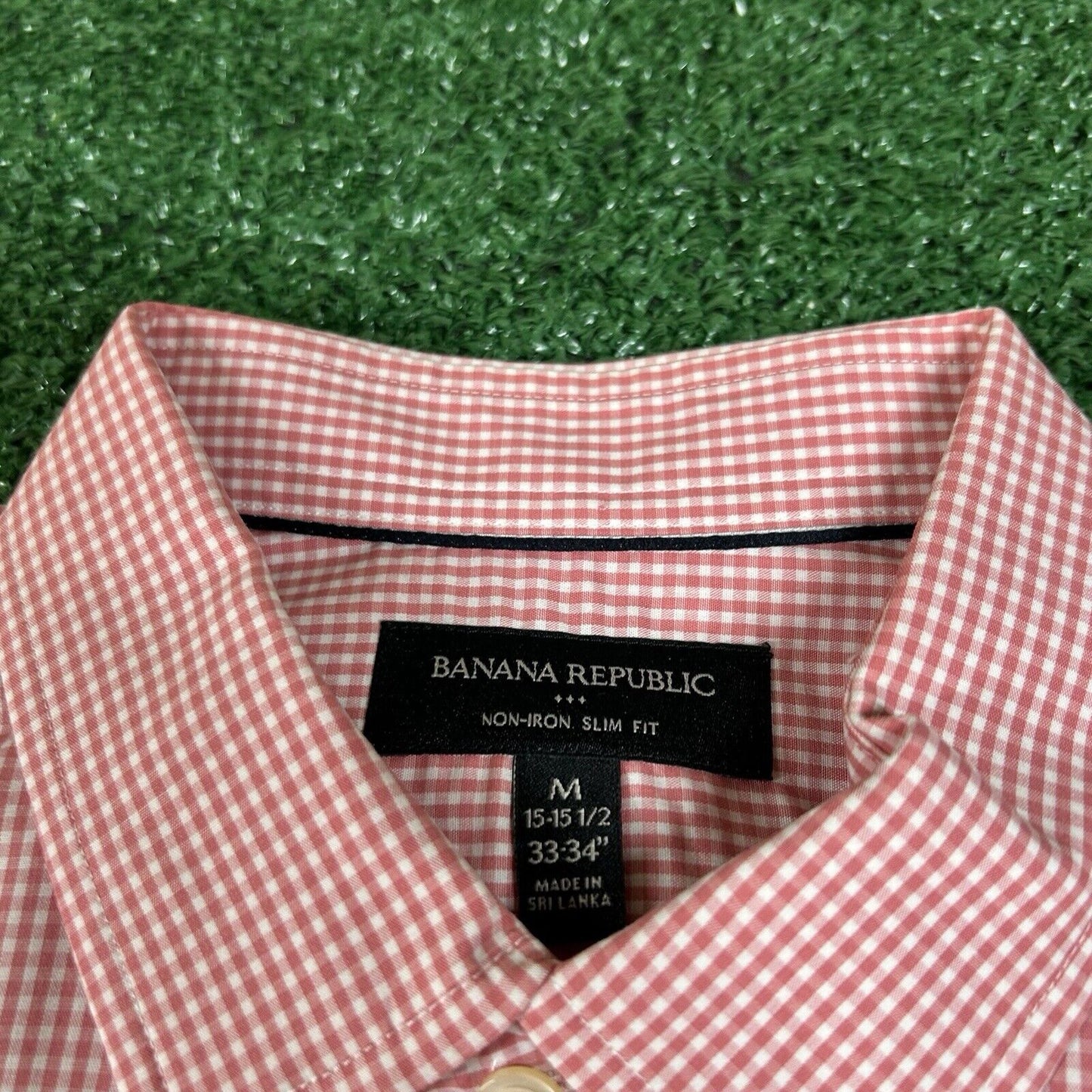 Banana Republic Shirt Mens Medium Pink White Check Slim Button Up Long Sleeve