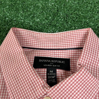 Banana Republic Shirt Mens Medium Pink White Check Slim Button Up Long Sleeve