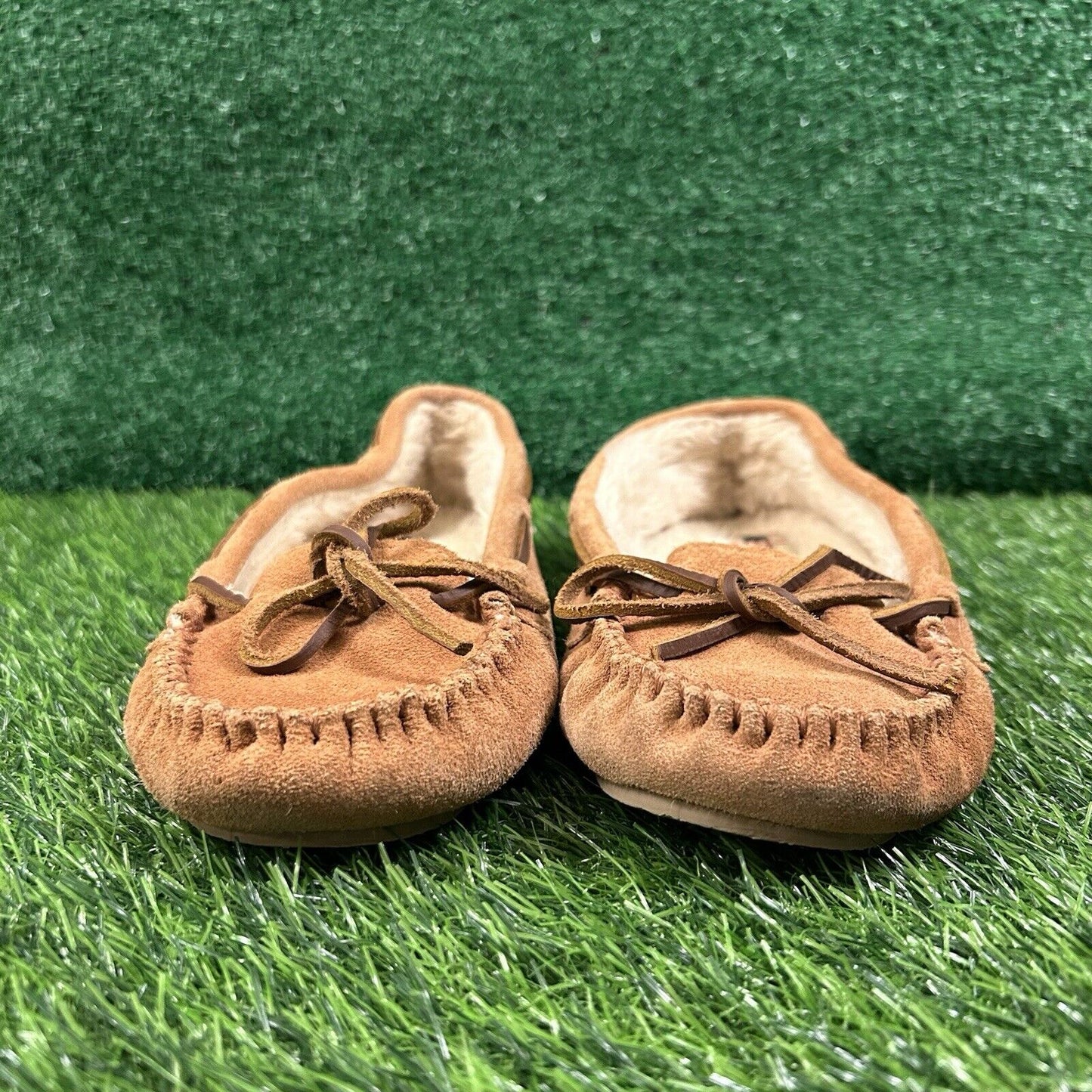 Minnetonka Moccasins Womens 8 M Brown Leather Suede Shoes Slipper Fur Lined