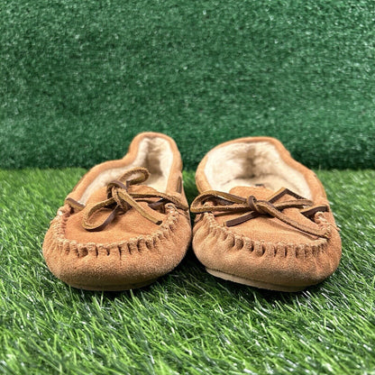 Minnetonka Moccasins Womens 8 M Brown Leather Suede Shoes Slipper Fur Lined