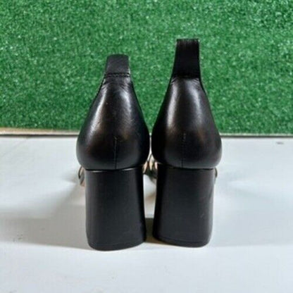 Antonio Melani Black Leather Block Heel Sandals Square Toe Slip On Womens 6.5M