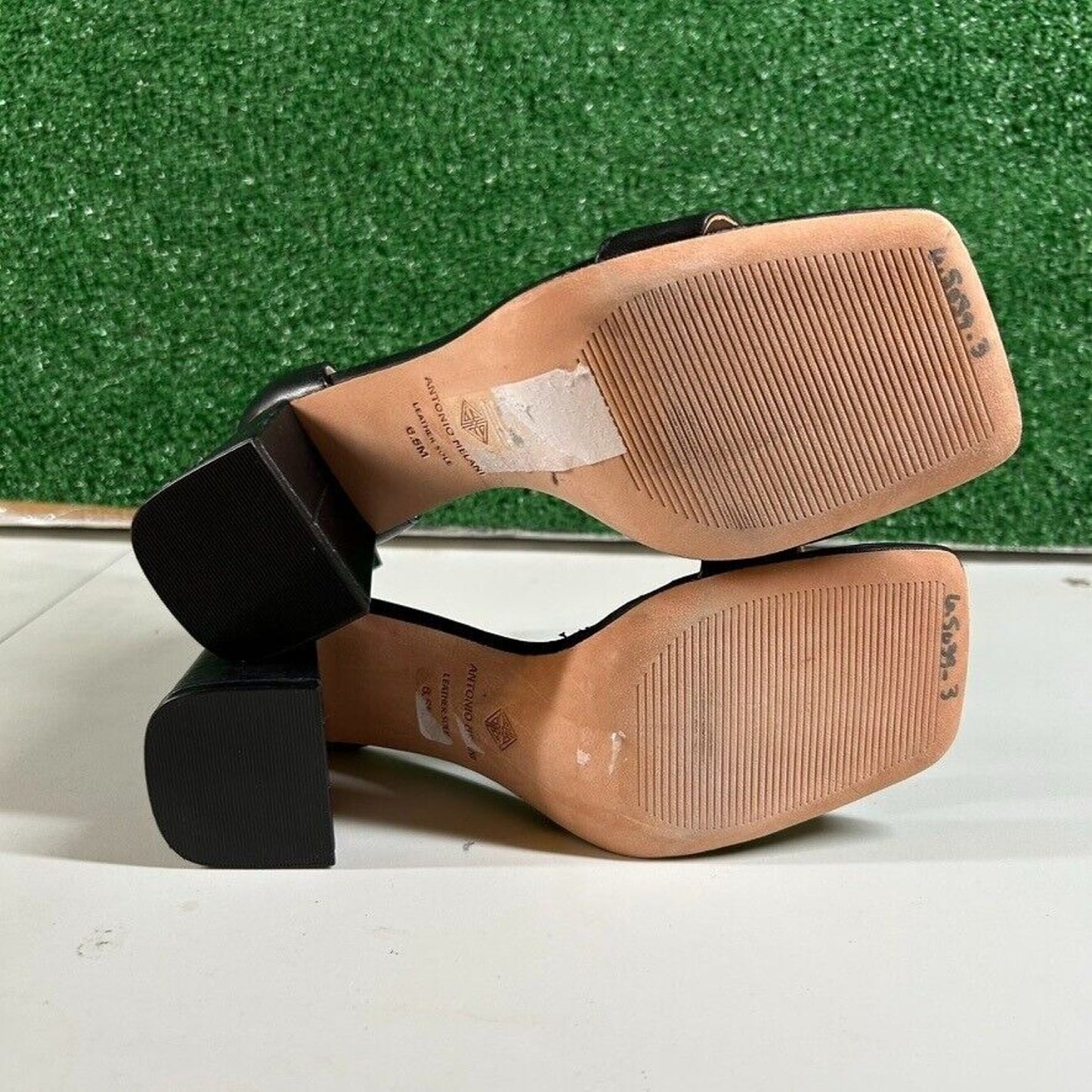 Antonio Melani Black Leather Block Heel Sandals Square Toe Slip On Womens 6.5M