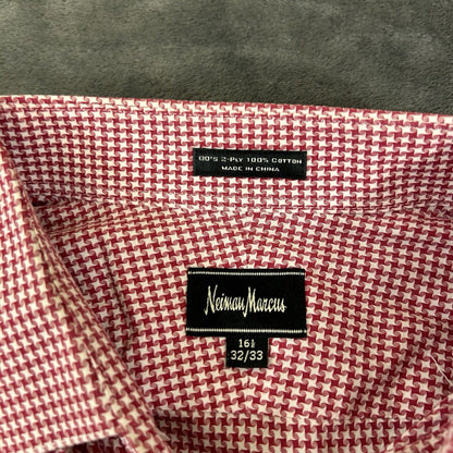 Neiman Marcus Shirt Mens 16.5 32.33 Red White Houndstooth Button Up Long Sleeve