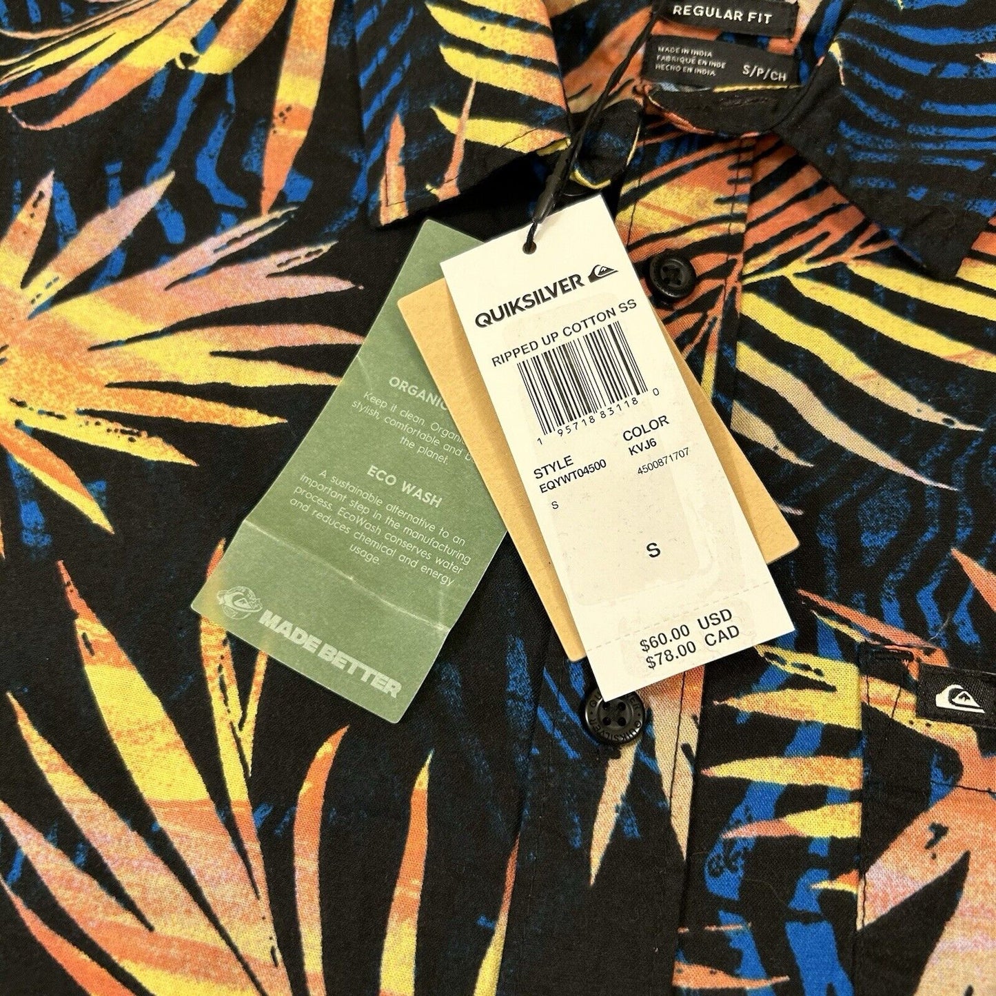 Quiksilver Hawaiian Shirt Men Small Black Blue Floral Button Up Short Sleeve NEW