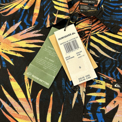 Quiksilver Hawaiian Shirt Men Small Black Blue Floral Button Up Short Sleeve NEW