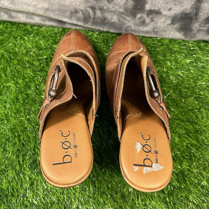 Born Mules Womens 8 M Brown Leather Slip On Heeled Buckle Casual Work Outdoor