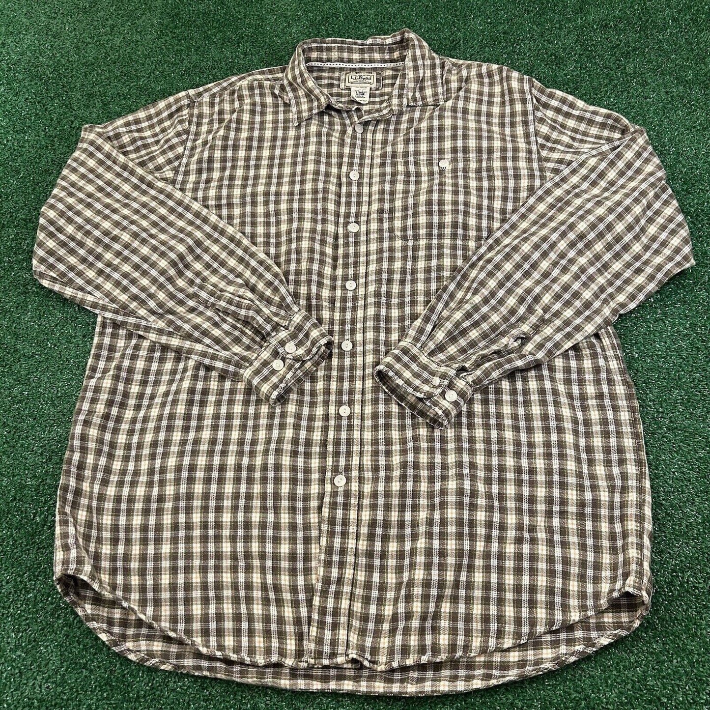 LL Bean Flannel Shirt Men Large Tall Brown Green Plaid Button Up Long Sleeve