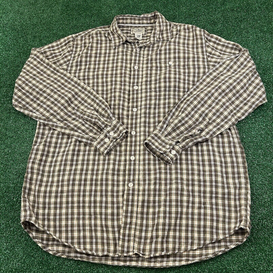 LL Bean Flannel Shirt Men Large Tall Brown Green Plaid Button Up Long Sleeve