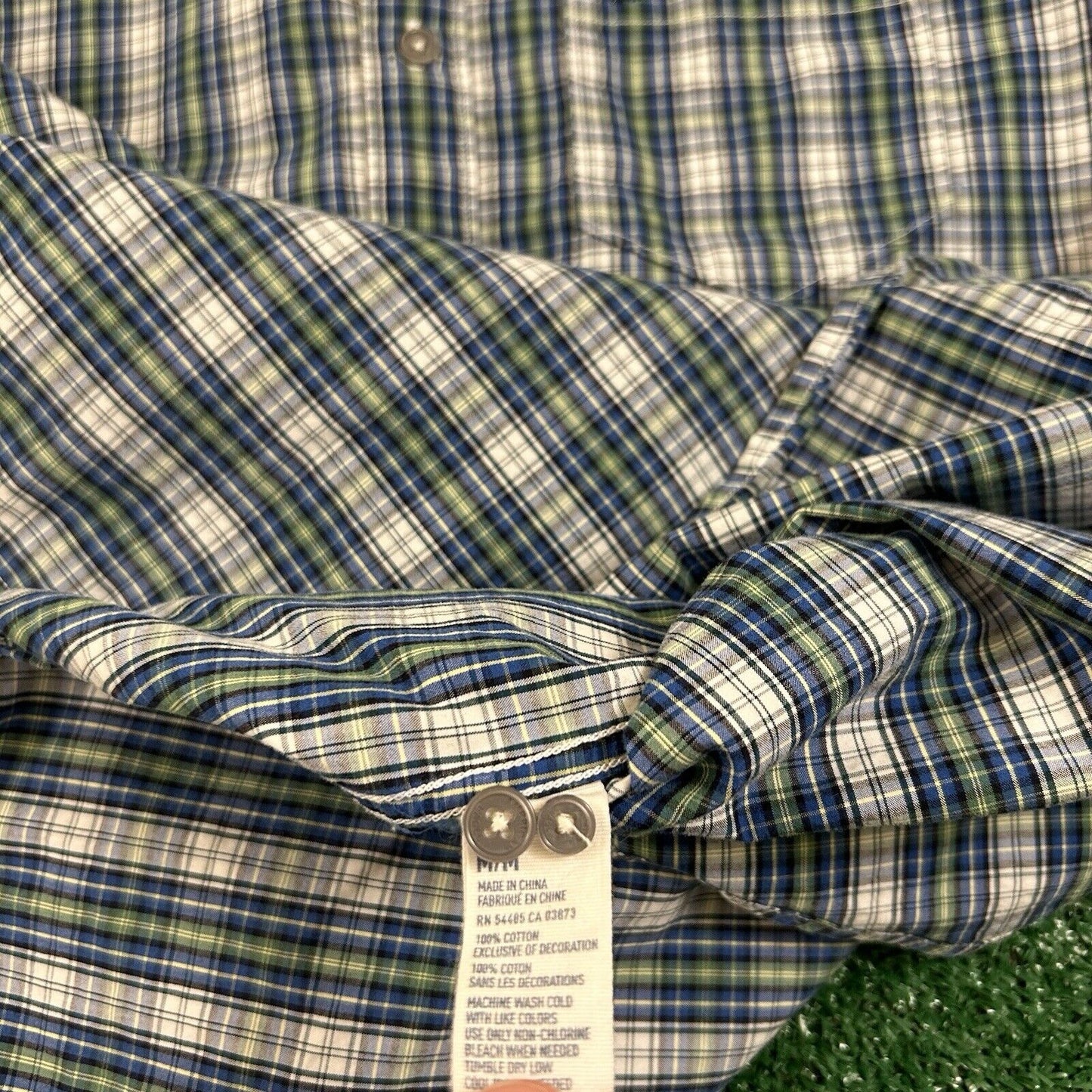 American Eagle Shirt Mens Medium Blue Green Plaid Button Up Long Sleeve Y2K