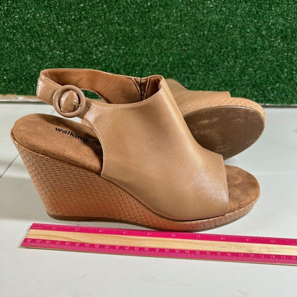 Walking Cradles Wedge Sandals Open Toe Ankle Strap Tan Leather Shoes Womens 12W