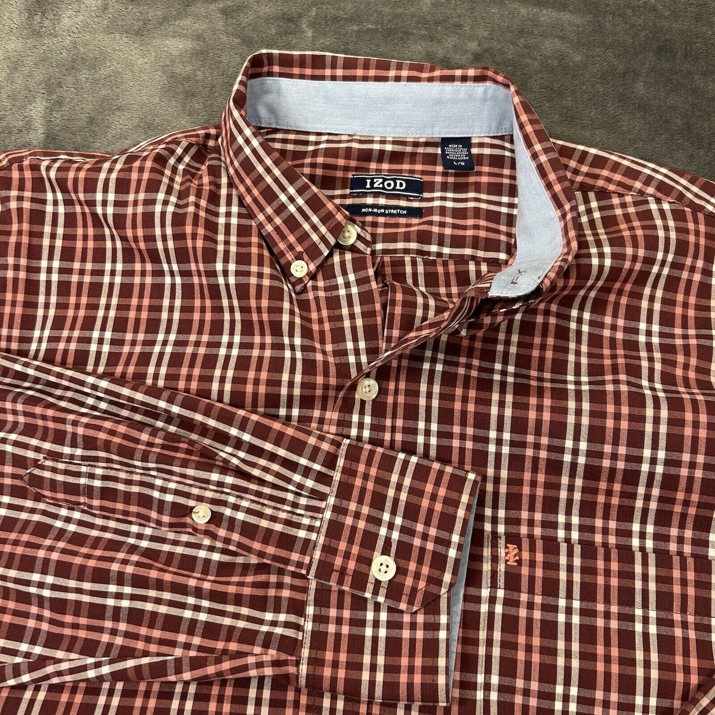 IZOD Shirt Mens Large Red White Plaid Button Up Long Sleeve Stretch Casual Work