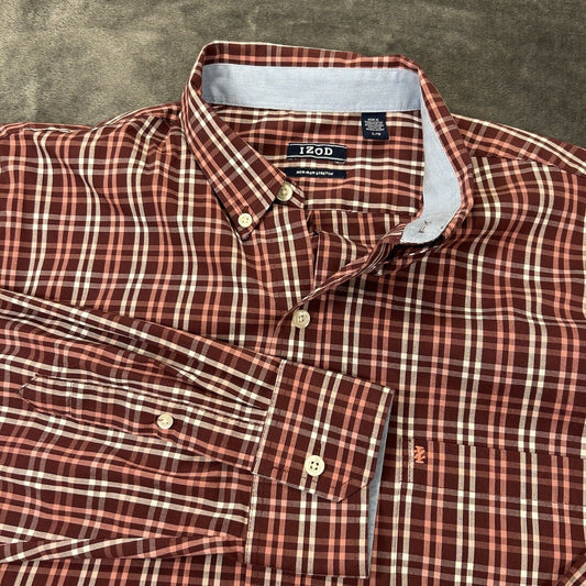 IZOD Shirt Mens Large Red White Plaid Button Up Long Sleeve Stretch Casual Work