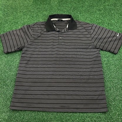 Nike Golf Polo Shirt Mens Medium Black White Striped Short Sleeve Dri-fit Preppy