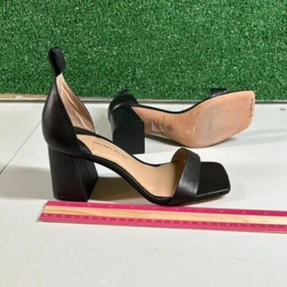 Antonio Melani Black Leather Block Heel Sandals Square Toe Slip On Womens 6.5M