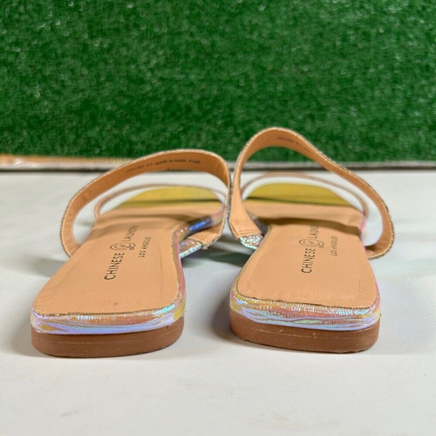 Chinese Laundry Iridescent Pink Slide Sandals Square Toe Two Strap Womens 6.5