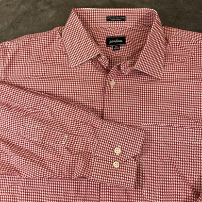 Neiman Marcus Shirt Mens 16.5 32.33 Red White Houndstooth Button Up Long Sleeve