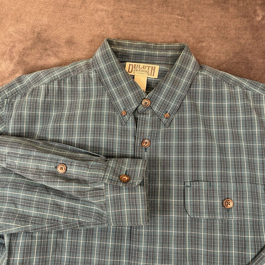 Duluth Trading Shirt Men Large Turquoise Check Preppy Button Up Long Sleeve Work