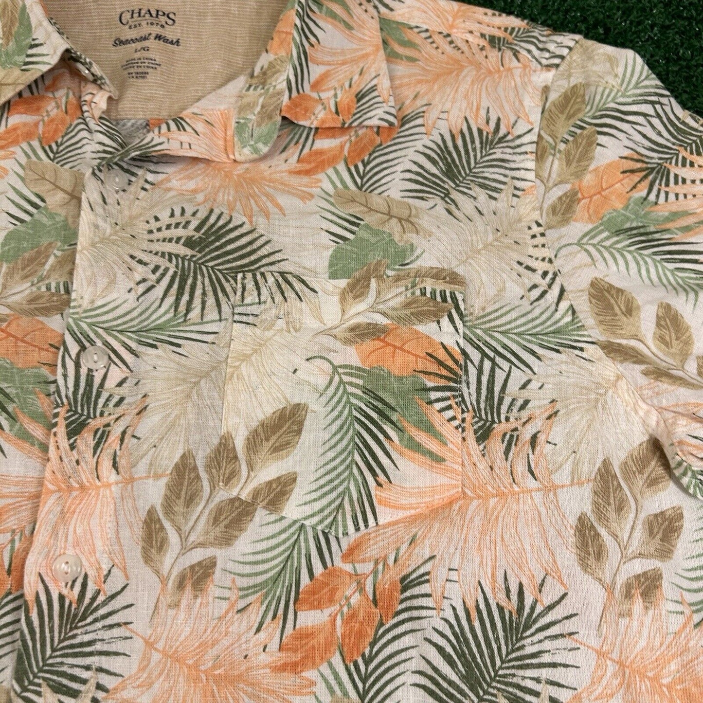 Chaps Hawaiian Shirt Men Large Orange Beige Floral Button Up Seacoast Wash Linen