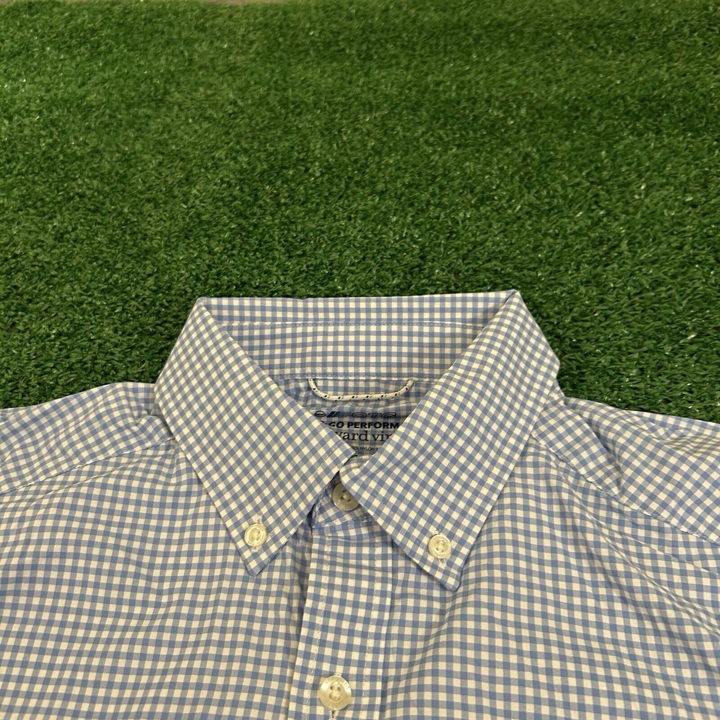 Vineyard Vines On the Go Performance Shirt Mens Small Blue White Check Button Up