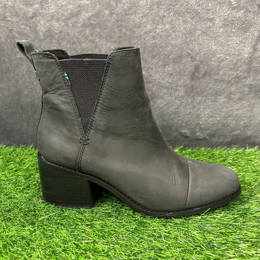 Toms Esme Boots Womens 9.5 Black Leather Ankle Booties Casual Block Heel Chelsea