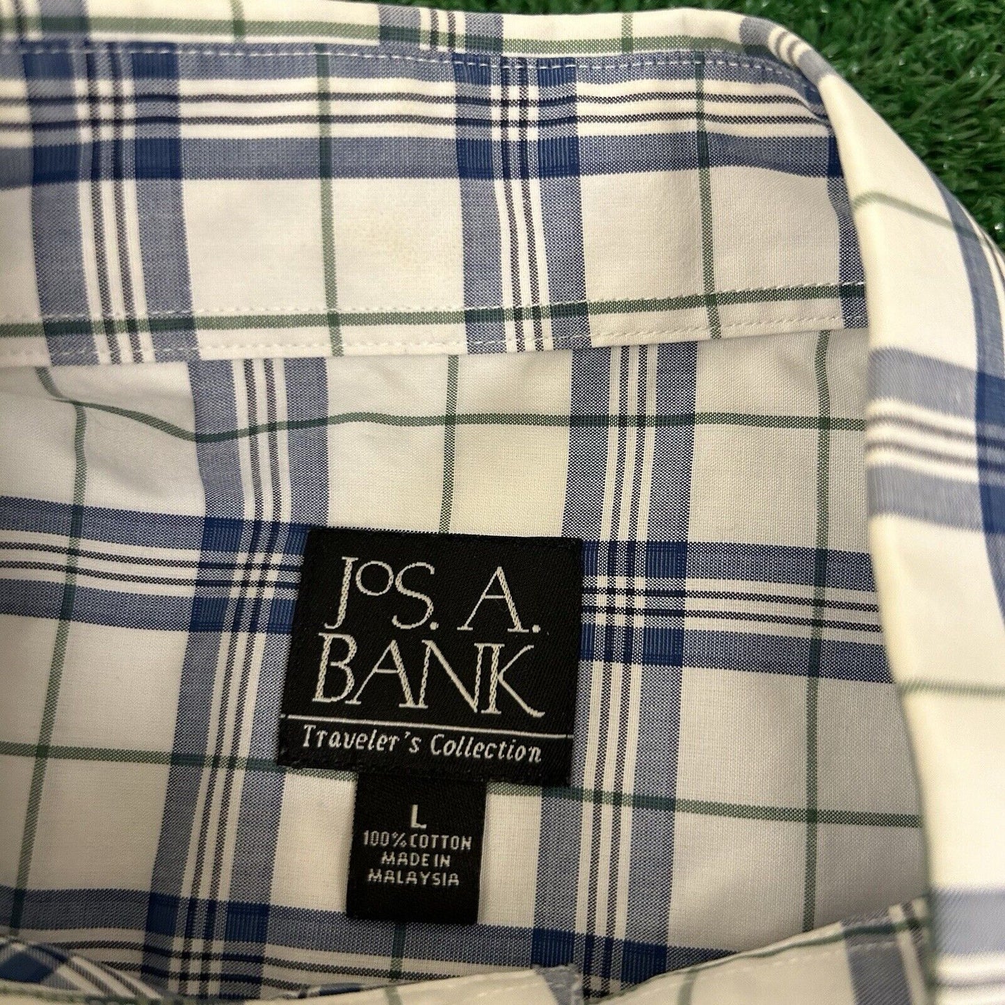 Jos A Bank Shirt Mens Large Blue White Plaid Button Up Short Sleeve Preppy Work