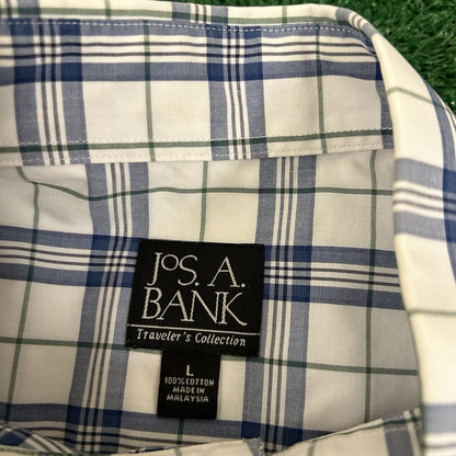 Jos A Bank Shirt Mens Large Blue White Plaid Button Up Short Sleeve Preppy Work