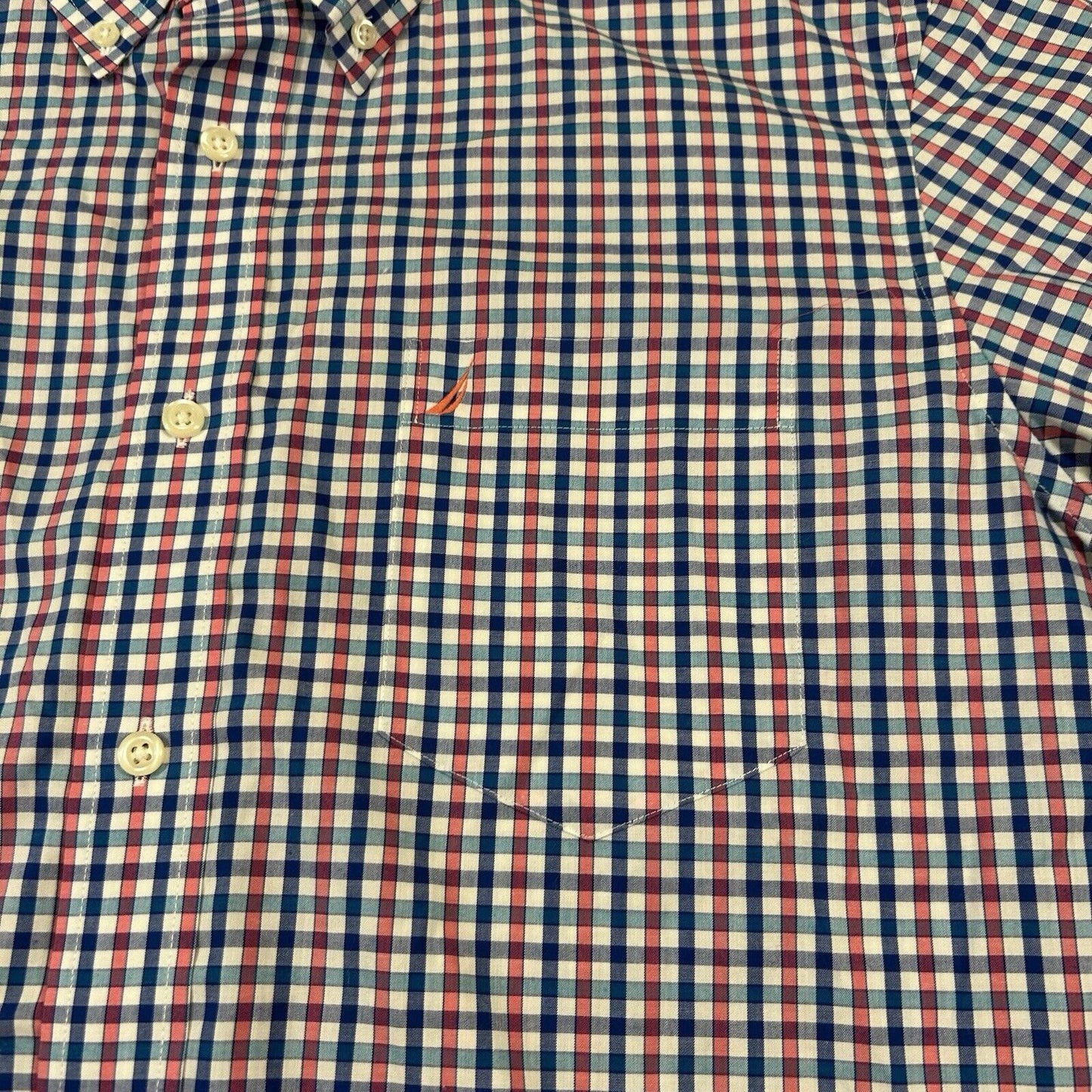 Nautica Shirt Mens Large Pink Blue White Check Button Up Short Sleeve Colorful
