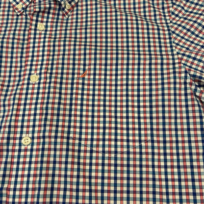 Nautica Shirt Mens Large Pink Blue White Check Button Up Short Sleeve Colorful