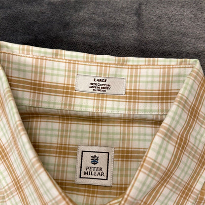Peter Millar Shirt Mens Large Brown White Plaid Button Up Long Sleeve Casual