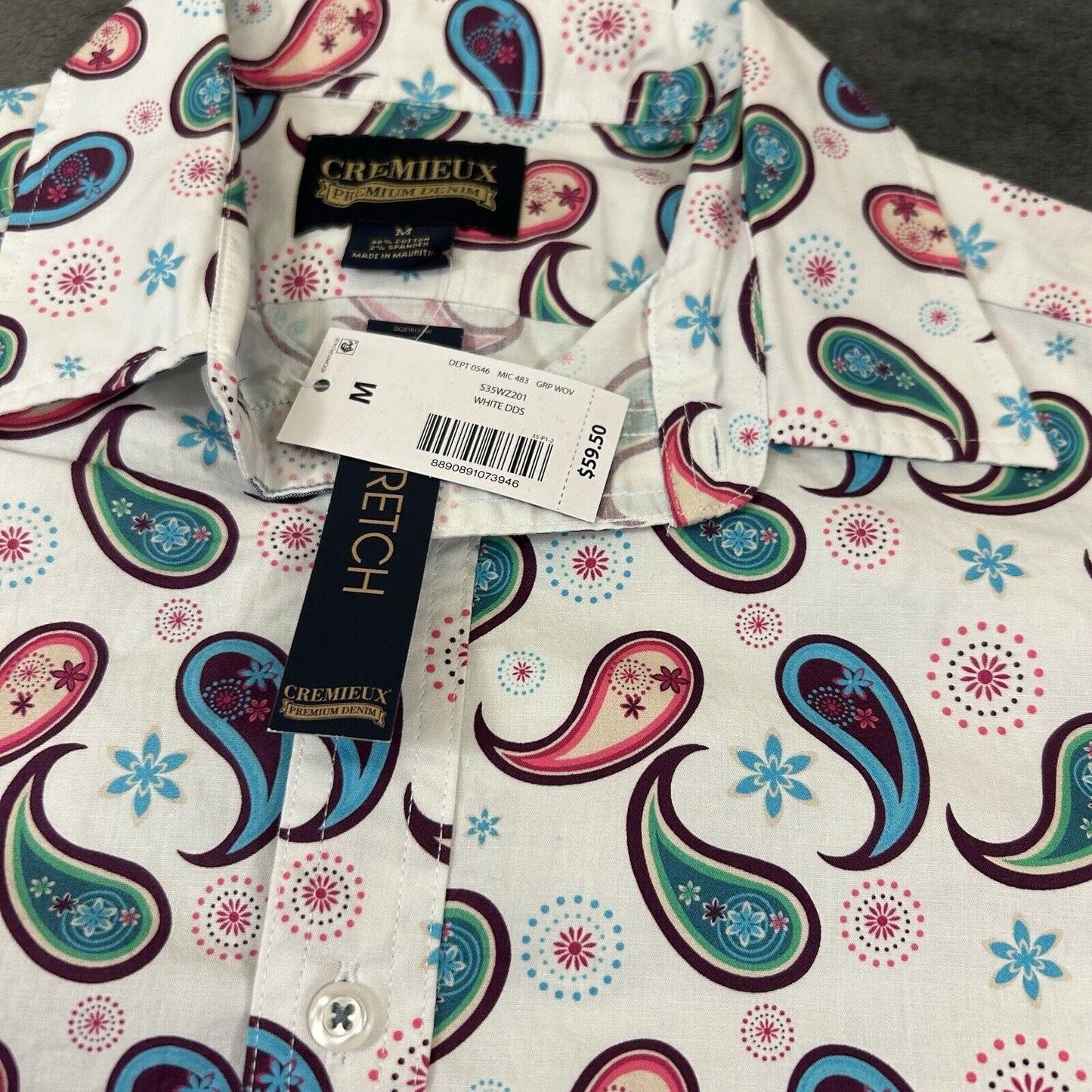 Cremieux Shirt Mens Medium White Paisley Loud Button Up Short Sleeve Stretch NEW