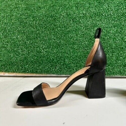 Antonio Melani Black Leather Block Heel Sandals Square Toe Slip On Womens 6.5M